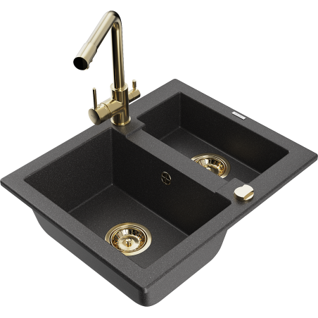 Mexen Carlos 1.5-Bowl Granite Sink with Duero Kitchen Faucet, Speckled Black - 6518-76-671600-50