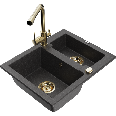 Mexen Carlos granite sink 1.5-bowl with Duero kitchen tap, speckled black - 6518-76-671600-50
