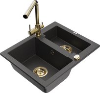 Mexen Carlos 1.5-bowl Granite Sink with Duero Kitchen Faucet, Black Speckled - 6518-76-671600-50