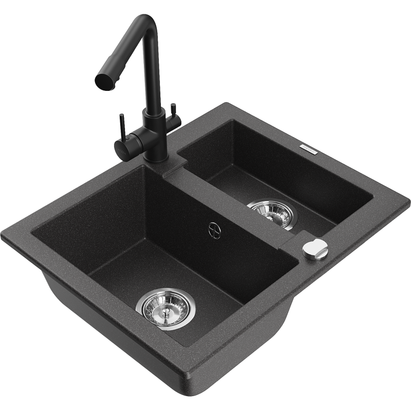 Mexen Carlos 1,5-compartment granite sink with a kitchen mixer tap Duero, spotted black - 6518-76-671600-70