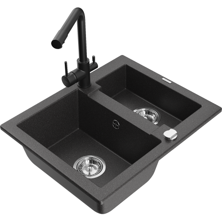 Mexen Carlos granite sink 1.5-bowl with Duero kitchen faucet, speckled black - 6518-76-671600-70