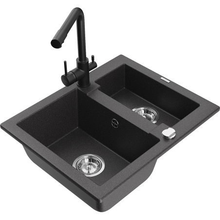 Mexen Carlos granite sink 1.5-bowl with Duero kitchen tap, black speckled - 6518-76-671600-70