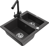 Mexen Carlos granite sink 1.5-bowl with Duero kitchen faucet, speckled black - 6518-76-671600-70