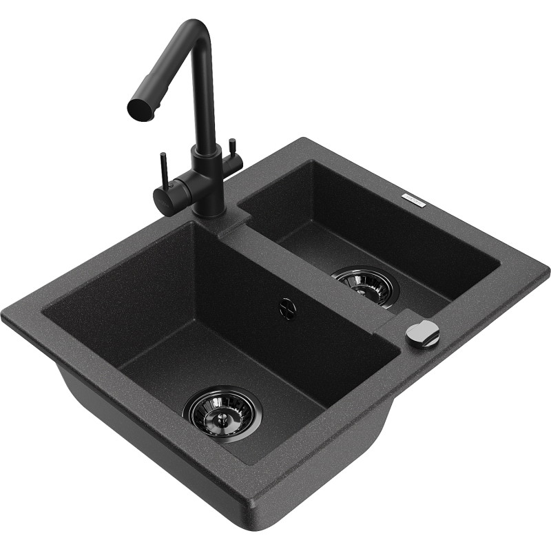 Mexen Carlos granite sink 1.5-bowl with Duero kitchen faucet, black speckled - 6518-76-671600-70-B