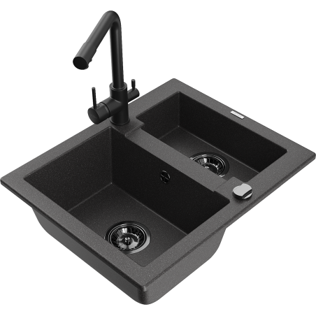 Mexen Carlos granite sink 1.5-bowl with Duero kitchen faucet, black speckled - 6518-76-671600-70-B