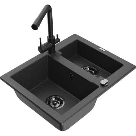 Mexen Carlos granite sink 1.5-bowl with Duero kitchen tap, black speckled - 6518-76-671600-70-B