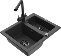 Mexen Carlos granite sink 1.5-bowl with Duero kitchen faucet, black speckled - 6518-76-671600-70-B