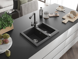 Mexen Carlos granite sink 1.5-bowl with Duero kitchen tap, black speckled - 6518-76-671600-76