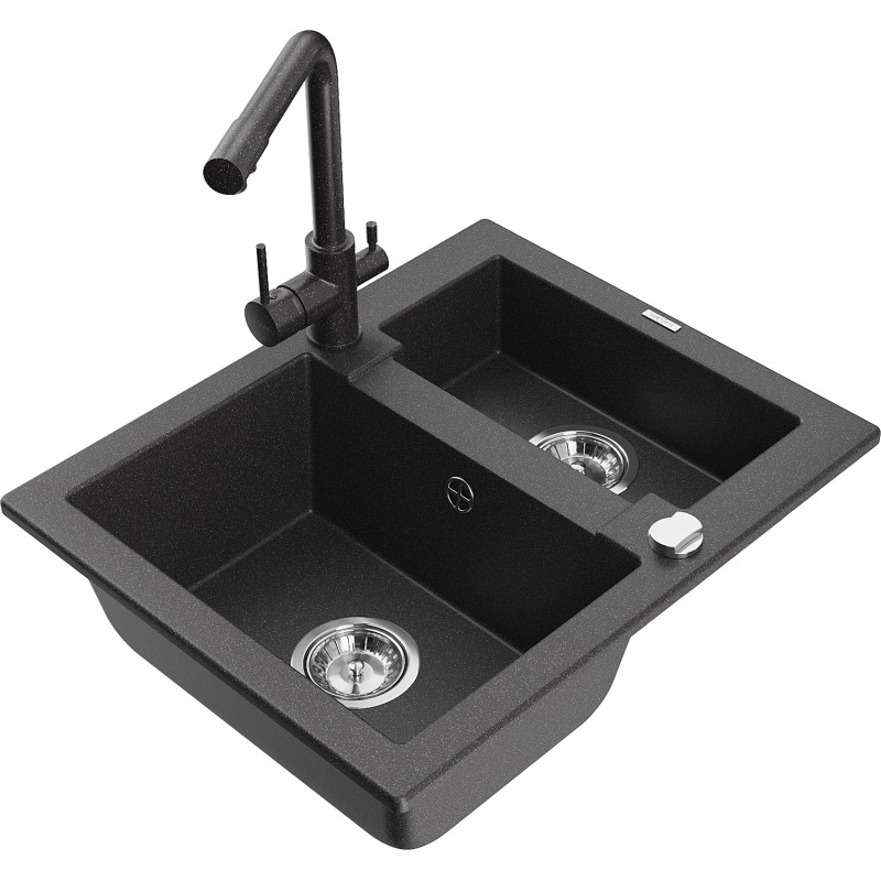 Mexen Carlos 1.5-bowl granite sink with Duero kitchen faucet, speckled black - 6518-76-671600-76
