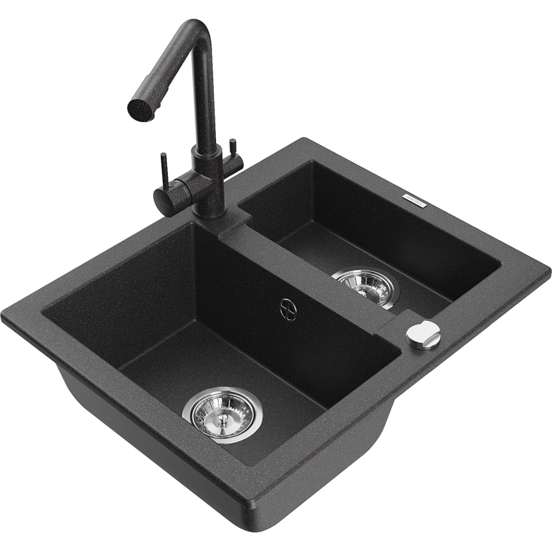 Mexen Carlos 1,5-compartment granite sink with a kitchen mixer tap Duero, spotted black - 6518-76-671600-76