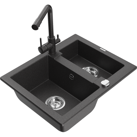 Mexen Carlos 1.5-bowl granite sink with Duero kitchen faucet, speckled black - 6518-76-671600-76