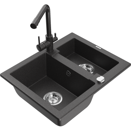 Mexen Carlos granite sink 1.5-bowl with Duero kitchen tap, black speckled - 6518-76-671600-76