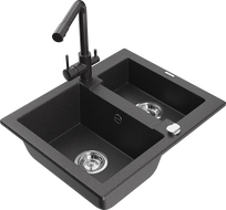 Mexen Carlos 1.5-bowl granite sink with Duero kitchen faucet, speckled black - 6518-76-671600-76
