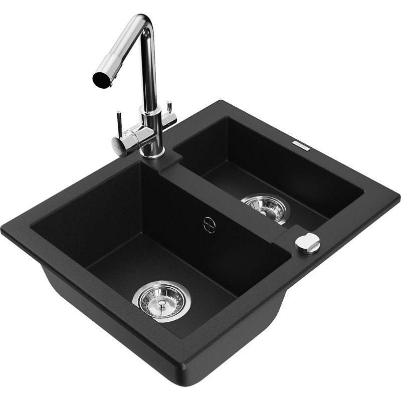 Mexen Carlos 1.5-bowl granite kitchen sink with Duero faucet, black - 6518-77-671600-00