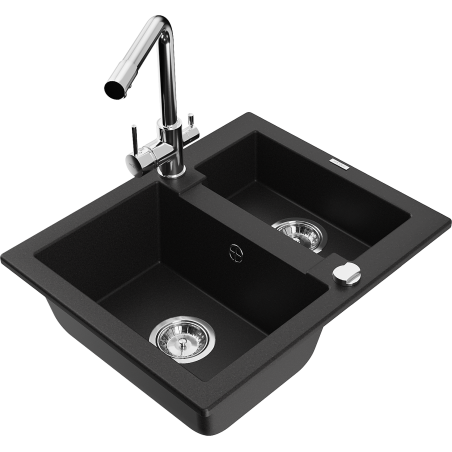 Mexen Carlos 1.5-bowl granite sink with Duero kitchen faucet, black - 6518-77-671600-00