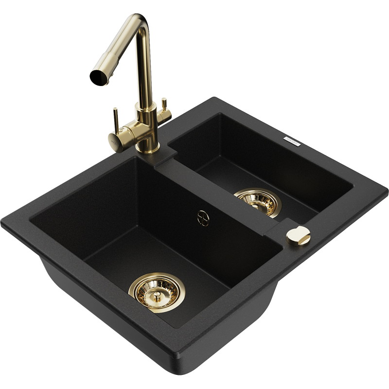 Mexen Carlos 1.5-bowl granite sink with Duero kitchen faucet, black - 6518-77-671600-50
