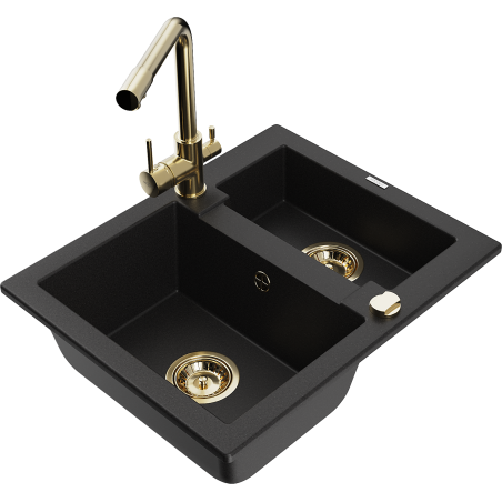 Mexen Carlos granite sink 1.5-bowl with Duero kitchen faucet, black - 6518-77-671600-50