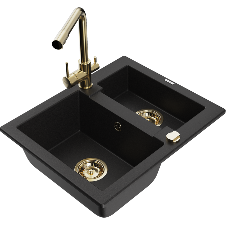 Mexen Carlos granite sink 1.5-bowl with Duero kitchen tap, black - 6518-77-671600-50