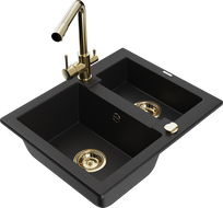 Mexen Carlos 1.5-bowl granite sink with Duero kitchen faucet, black - 6518-77-671600-50