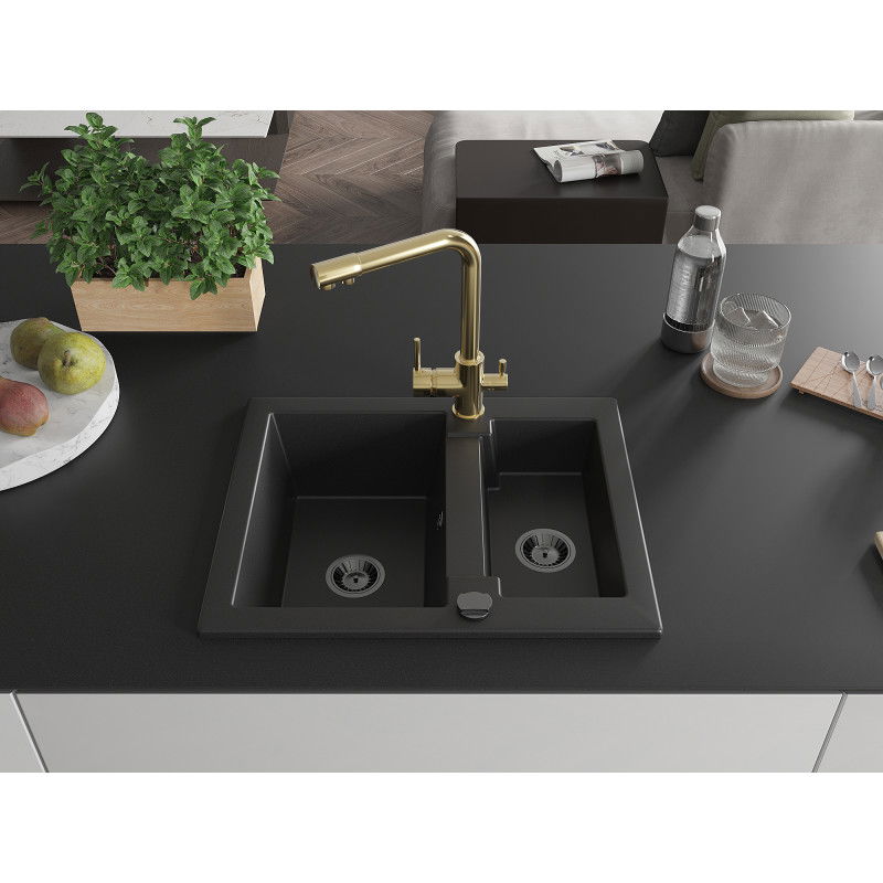 Mexen Carlos granite sink 1.5-bowl with Duero kitchen tap, black - 6518-77-671600-50-B