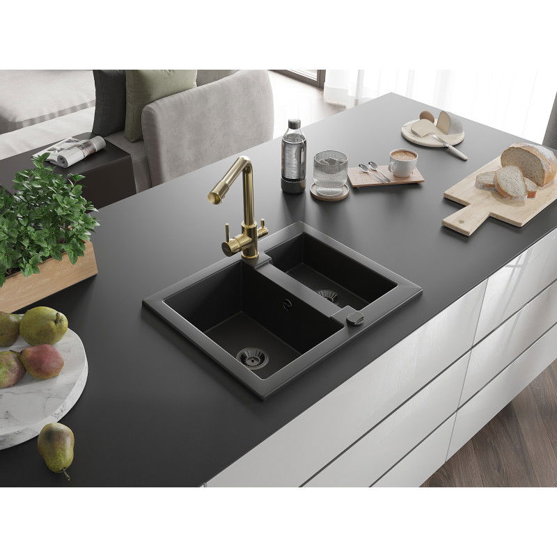 Mexen Carlos granite sink 1.5-bowl with Duero kitchen tap, black - 6518-77-671600-50-B