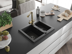Mexen Carlos granite sink 1.5-bowl with Duero kitchen faucet, black - 6518-77-671600-50-B