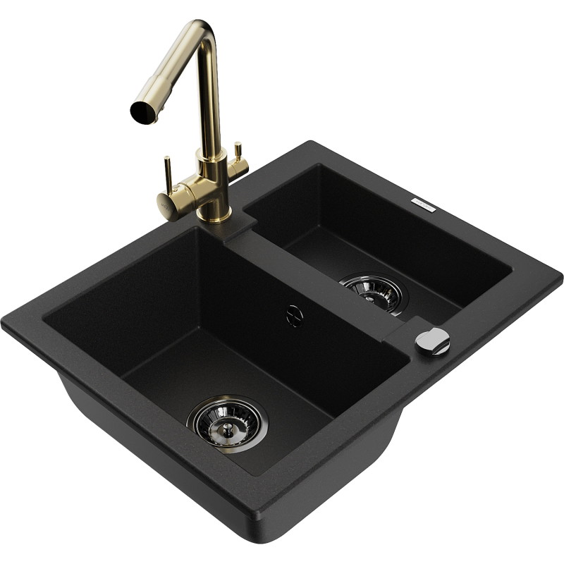 Mexen Carlos 1.5-bowl granite sink with Duero kitchen faucet, black - 6518-77-671600-50-B