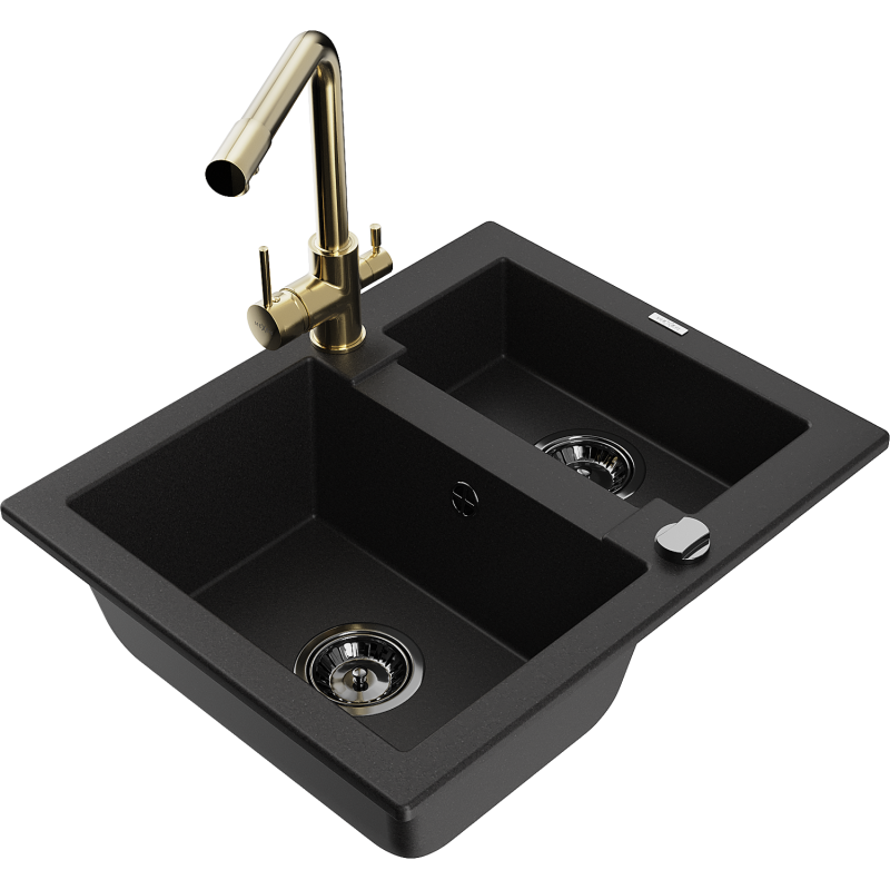 Mexen Carlos granite sink 1.5-bowl with Duero kitchen tap, black - 6518-77-671600-50-B