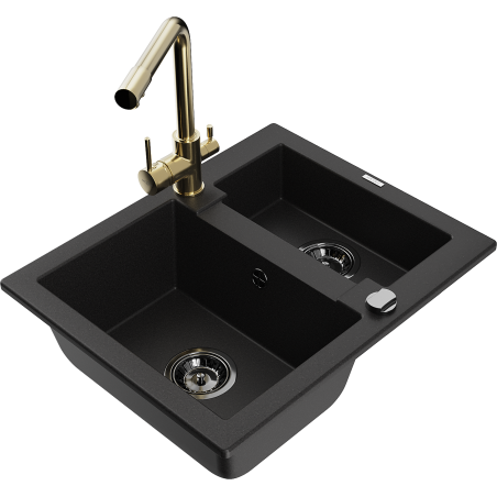 Mexen Carlos 1.5-bowl granite sink with Duero kitchen faucet, black - 6518-77-671600-50-B