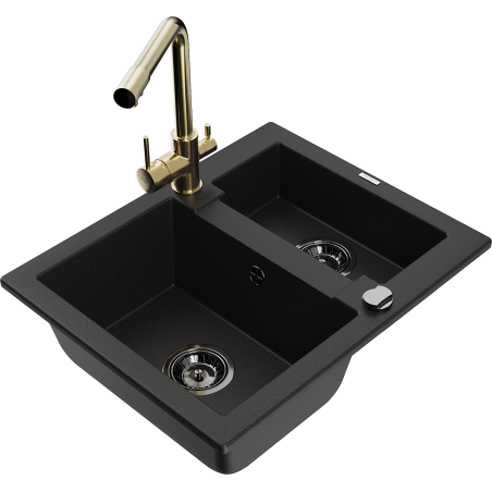 Mexen Carlos granite sink 1.5-bowl with Duero kitchen tap, black - 6518-77-671600-50-B