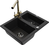 Mexen Carlos granite sink 1.5-bowl with Duero kitchen faucet, black - 6518-77-671600-50-B