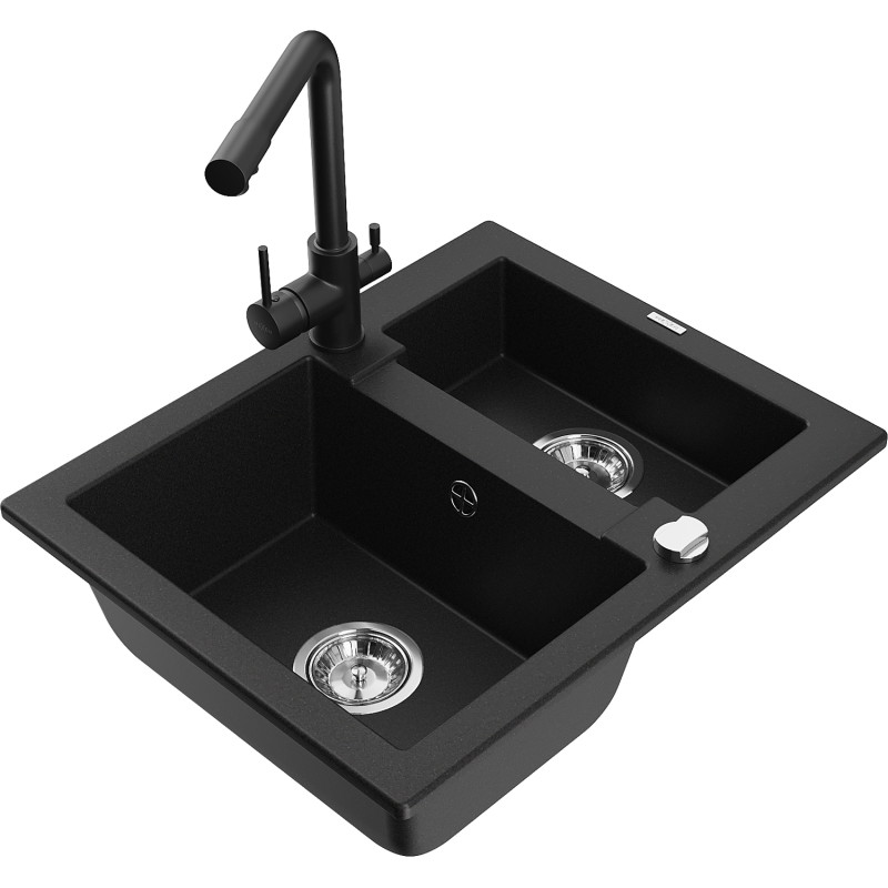 Mexen Carlos granite sink 1.5-bowl with Duero kitchen faucet, black - 6518-77-671600-70