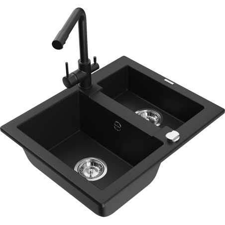 Mexen Carlos granite sink 1.5-bowl with Duero kitchen faucet, black - 6518-77-671600-70