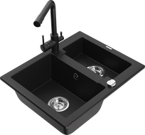 Mexen Carlos granite sink 1.5-bowl with Duero kitchen faucet, black - 6518-77-671600-70