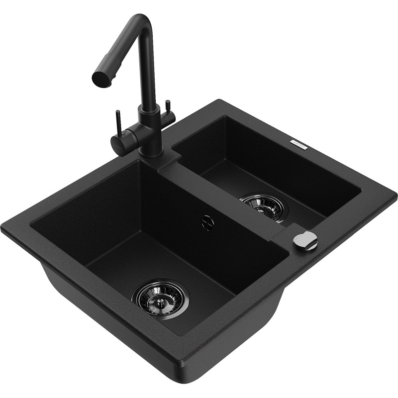 Mexen Carlos granite sink 1.5-bowl with Duero kitchen faucet, black - 6518-77-671600-70-B