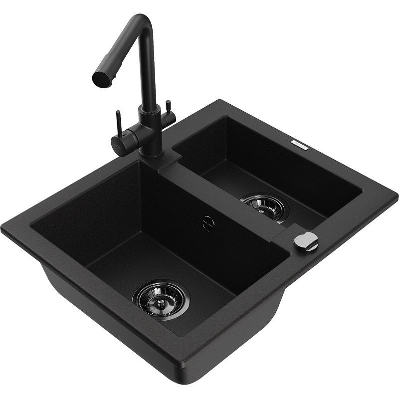 Mexen Carlos granite sink 1.5-bowl with Duero kitchen tap, black - 6518-77-671600-70-B