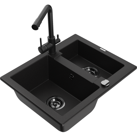 Mexen Carlos granite sink 1.5-bowl with Duero kitchen faucet, black - 6518-77-671600-70-B