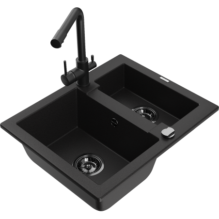 Mexen Carlos granite sink 1.5-bowl with Duero kitchen tap, black - 6518-77-671600-70-B