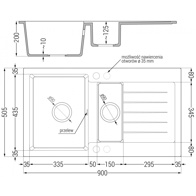 Mexen Matias 1.5-bowl granite sink with drainer 900 x 505 mm, gray, chrome siphon - 6502901505-71