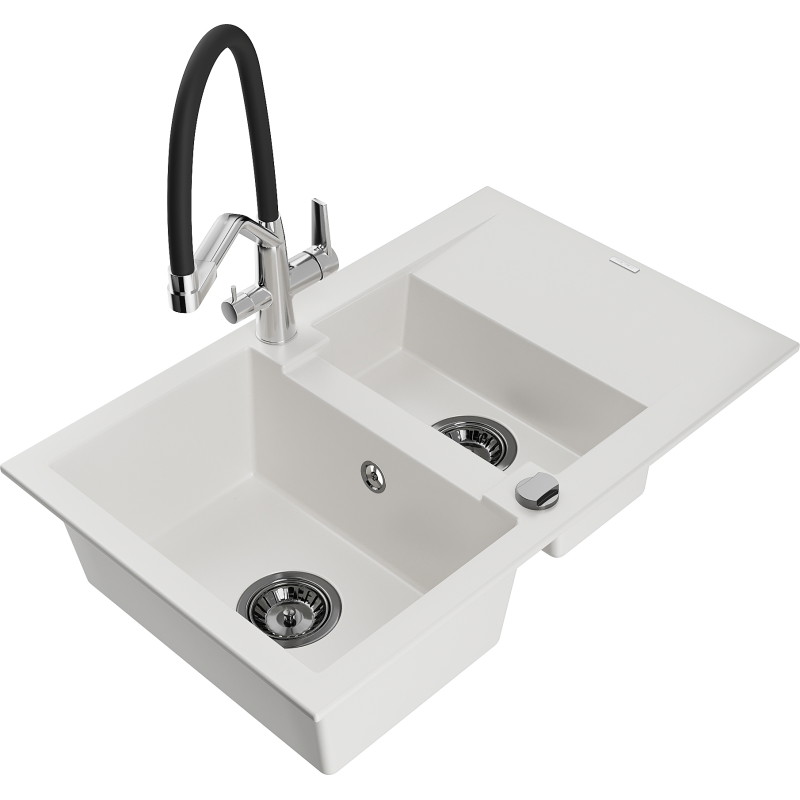 Mexen Gaspar granite kitchen sink 1.5-bowl with drainer and Duo kitchen faucet, white - 6507-20-671701-07-B