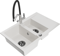 Mexen Gaspar granite sink 1.5-bowl with drainer and Duo kitchen faucet, white - 6507-20-671701-07-B