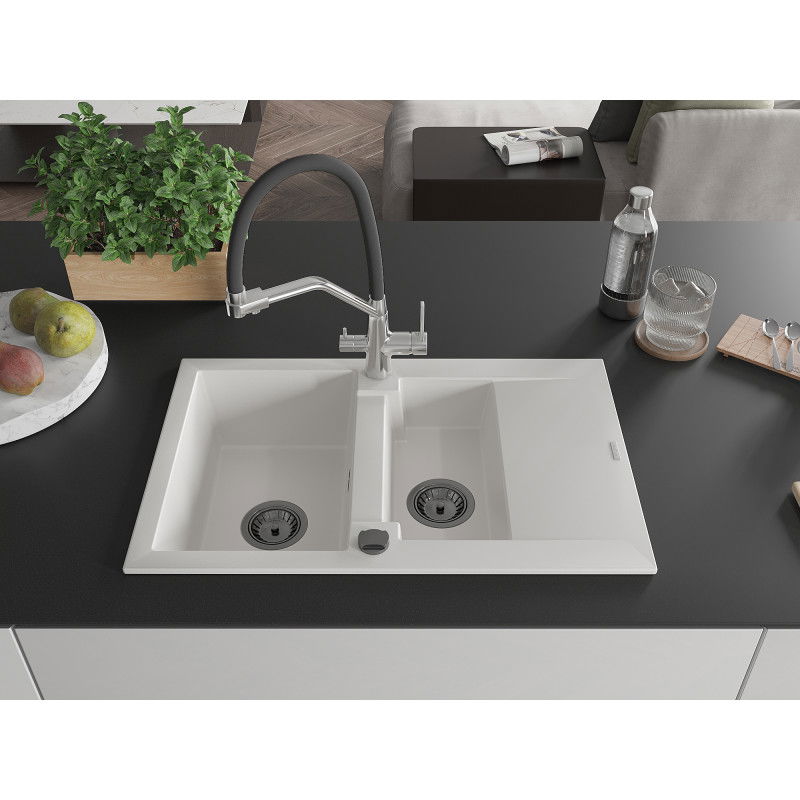 Mexen Gaspar granite sink 1.5-bowl with drainer and Duo kitchen tap, white - 6507-20-671701-07-B