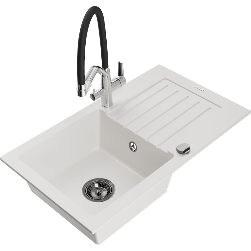 Mexen Pablo granite kitchen sink 1-bowl with drainer and Duo kitchen faucet, white - 6510-20-671701-07-B