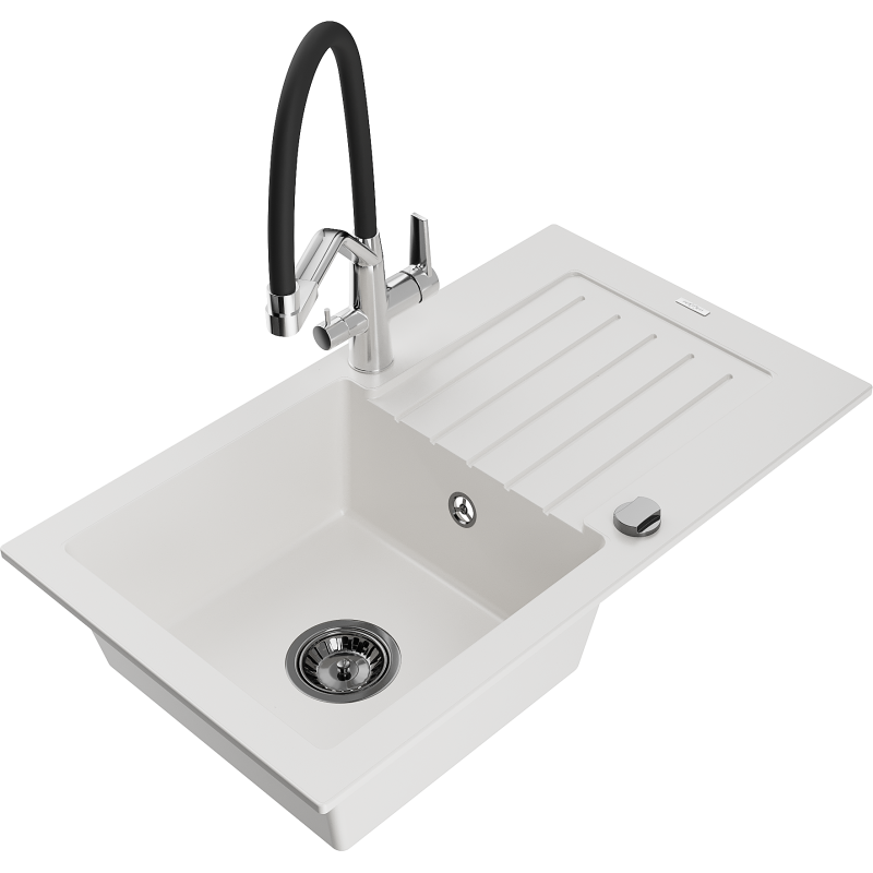 Mexen Pablo granite kitchen sink 1-bowl with drainer and Duo kitchen tap, white - 6510-20-671701-07-B