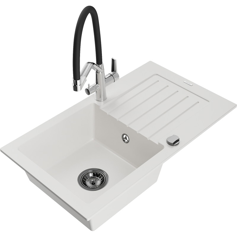 Mexen Pablo single-bowl granite sink with drainer and Duo kitchen faucet, white - 6510-20-671701-07-B