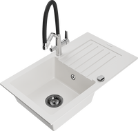 Mexen Pablo granite kitchen sink 1-bowl with drainer and Duo kitchen tap, white - 6510-20-671701-07-B