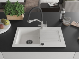 Mexen Pablo single-bowl granite sink with drainer and Duo kitchen faucet, white - 6510-20-671701-07-B
