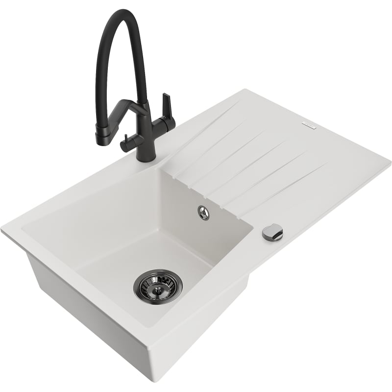 Mexen Cesar 1-bowl granite sink with drainer and Duo kitchen faucet, white - 6514-20-671701-70-B
