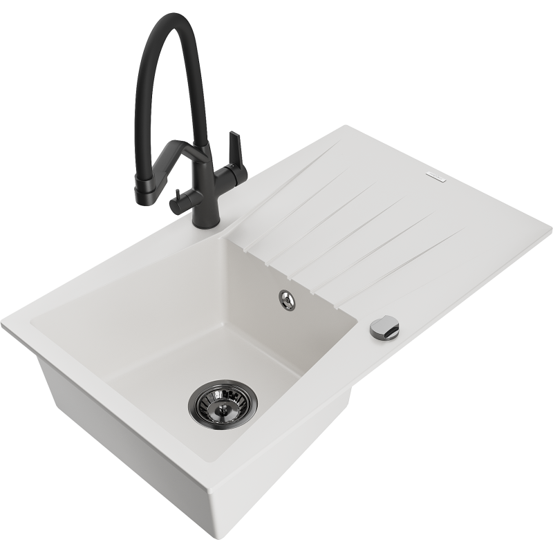 Mexen Cesar granite sink 1-bowl with drainer and Duo kitchen tap, white - 6514-20-671701-70-B