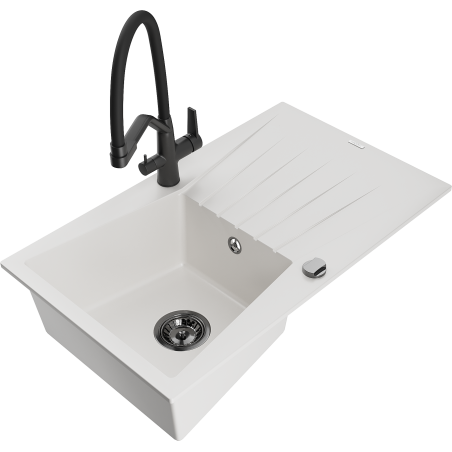 Mexen Cesar 1-bowl granite sink with drainer and Duo kitchen faucet, white - 6514-20-671701-70-B